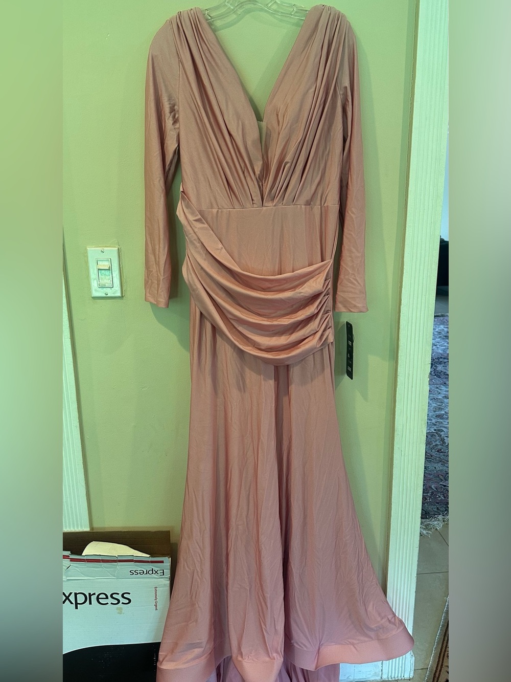 Elegant pink sparkly Long Sleeve Draped Maxi Dress